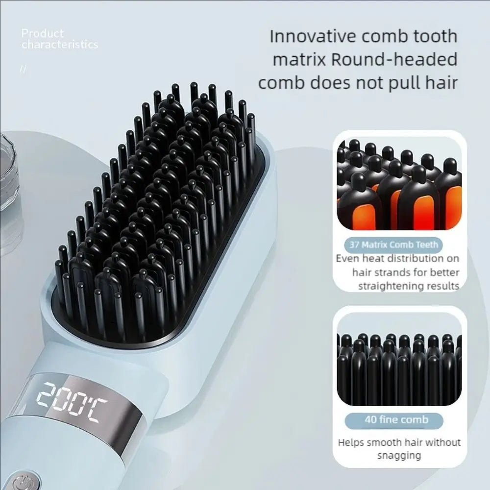 Portable Wireless Hair Straightener Comb Three Temperature Settings LCD Display