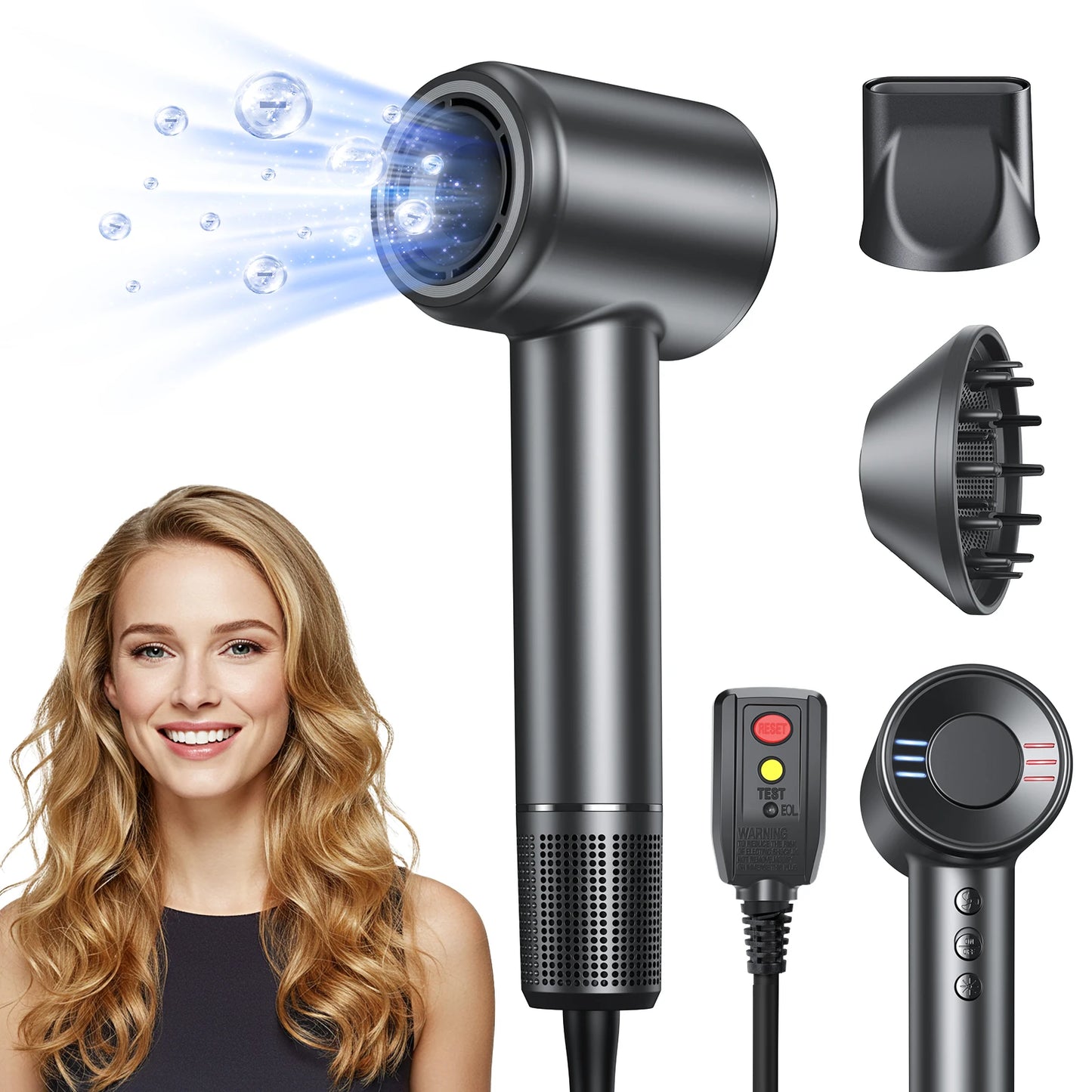 LYSMOSKI Hair Dryer 120000 RPM Negative Ionic Brushless Motor Fast