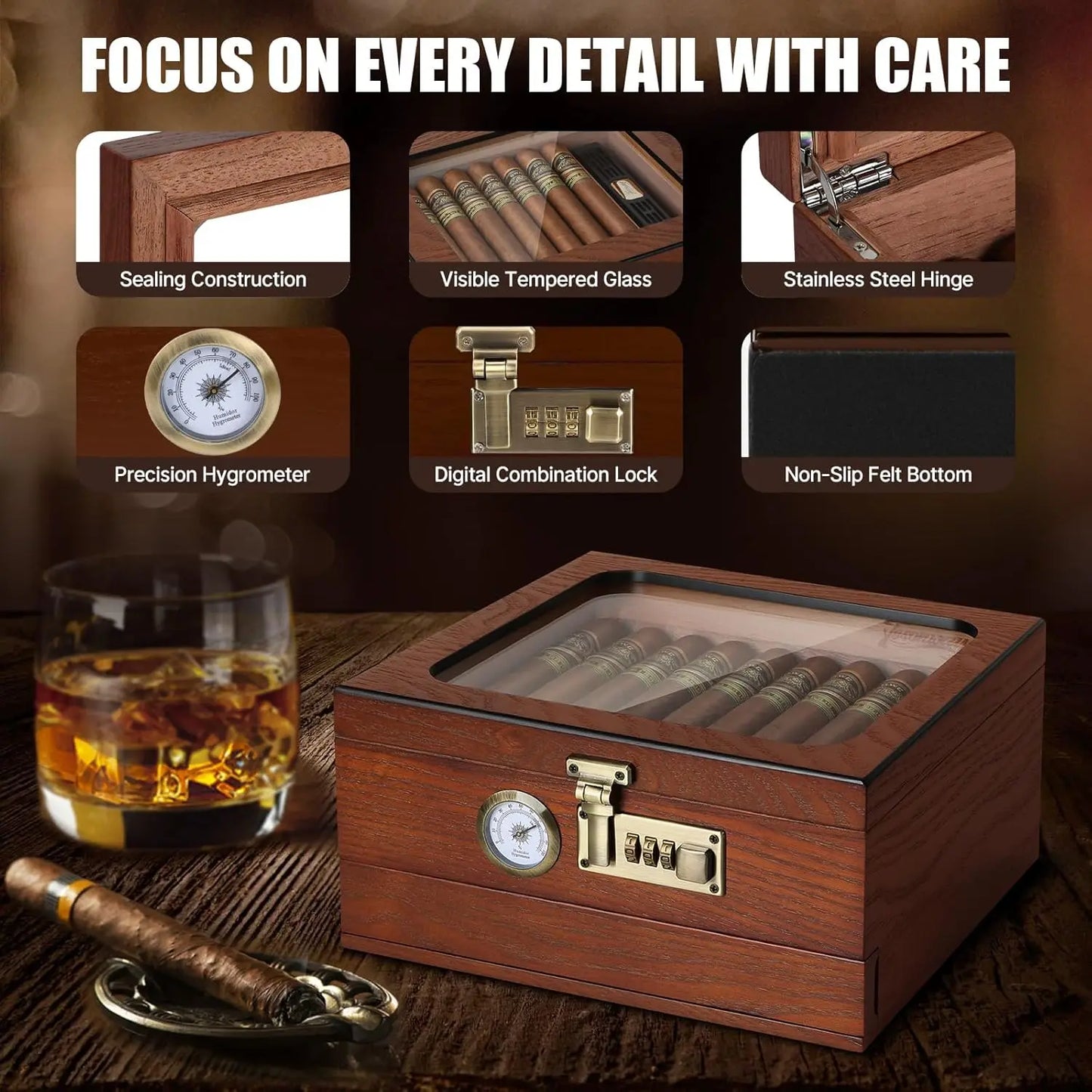 Tesonway Cigar Humidor Cedar Wood Box With Glass Top Hygrometer