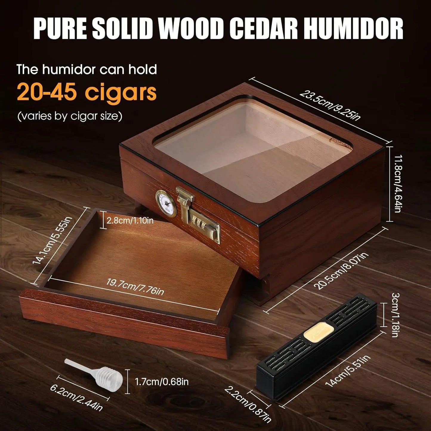Tesonway Cigar Humidor Cedar Wood Box With Glass Top Hygrometer