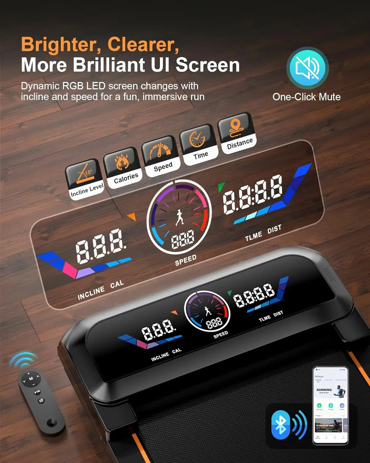 Under Desk Walking Pad Treadmill Auto Incline RGB UI