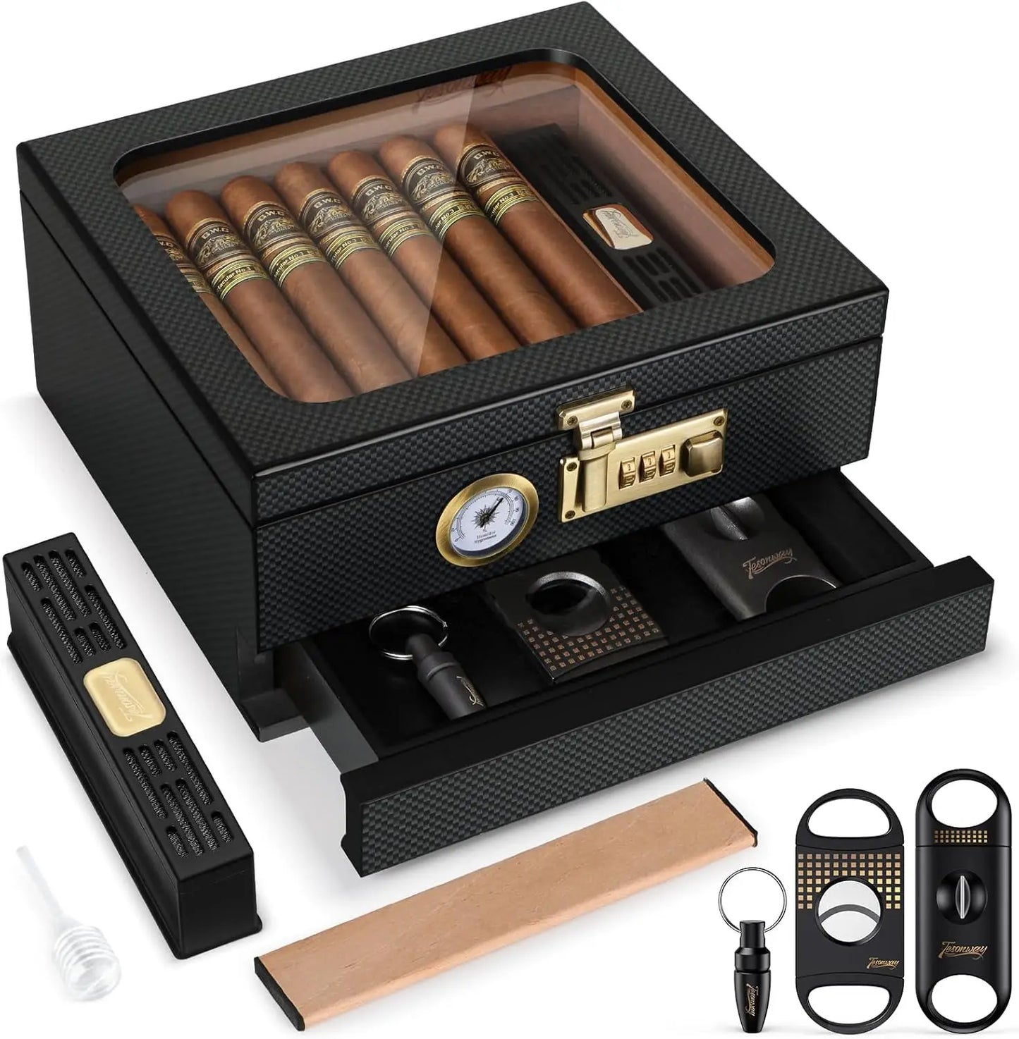 Tesonway Cigar Humidor Cedar Wood Box With Glass Top Hygrometer