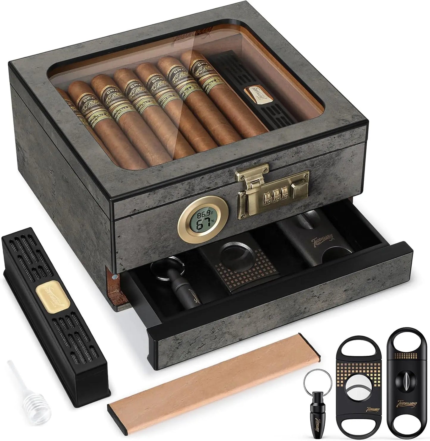 Tesonway Cigar Humidor Cedar Wood Box With Glass Top Hygrometer