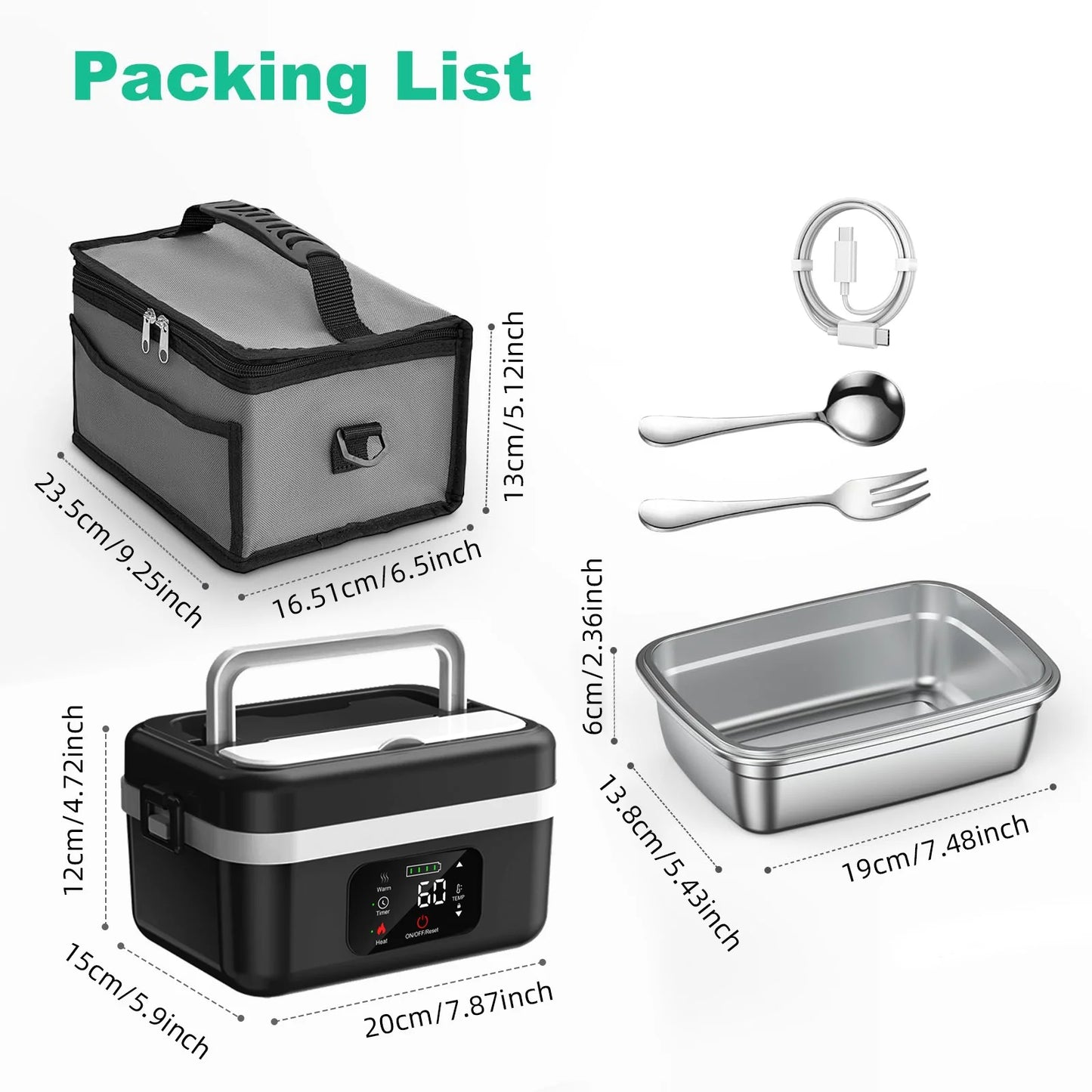 8000mAh Rechargeable Timer Heating Lunch Box With Fork And Spoon