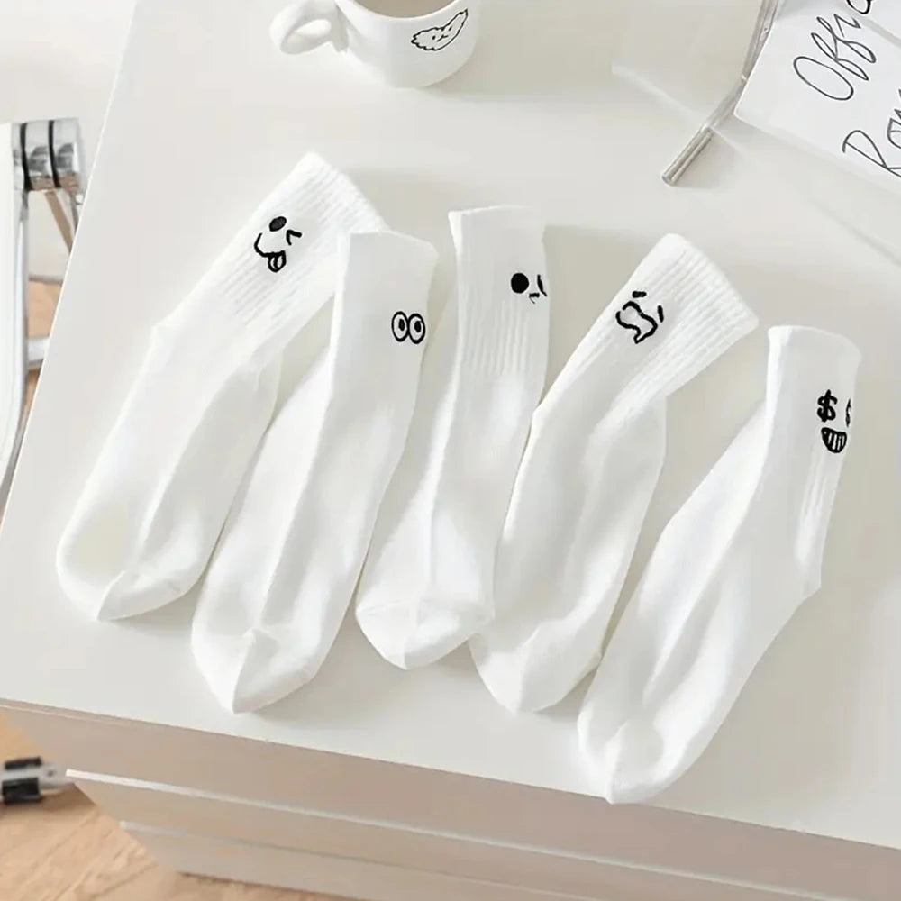 Five Pairs Emoji Socks With Cartoon Patterns For Everyday Comfort