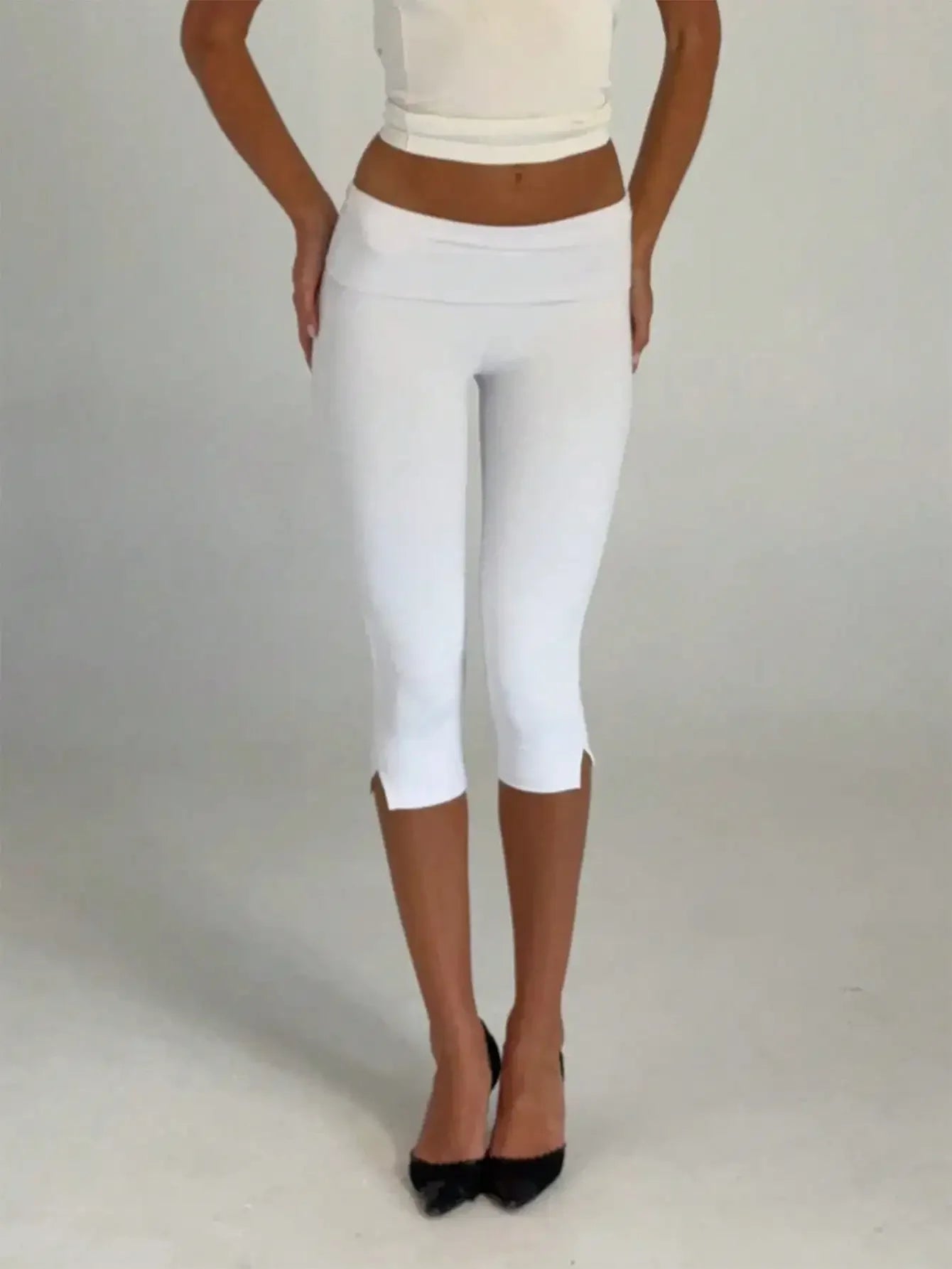 Women's Capri Leggings With Fold Over Waistband And Split Hem Buttery Soft