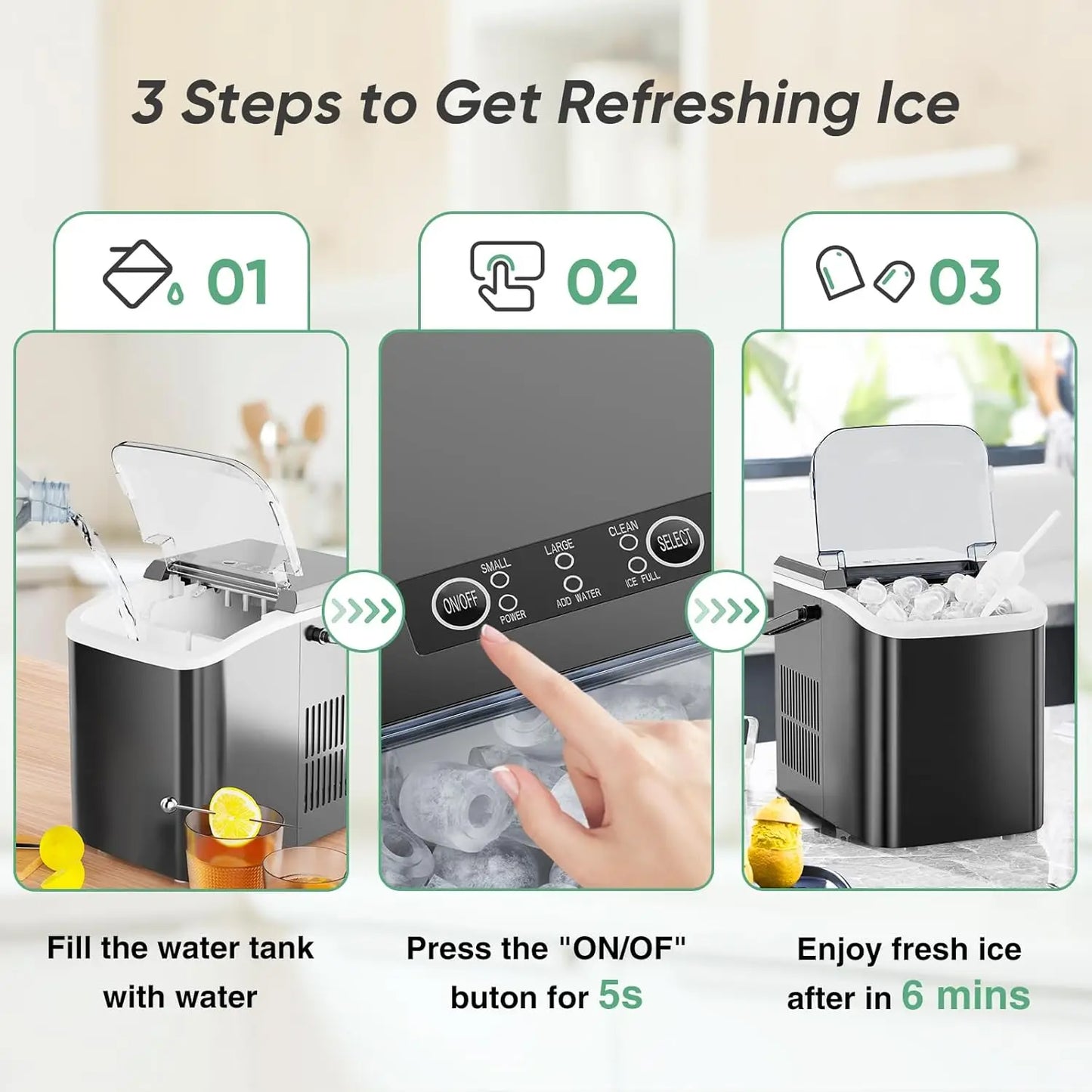 Portable Countertop Ice Maker 26 Lbs Per Day Self Cleaning