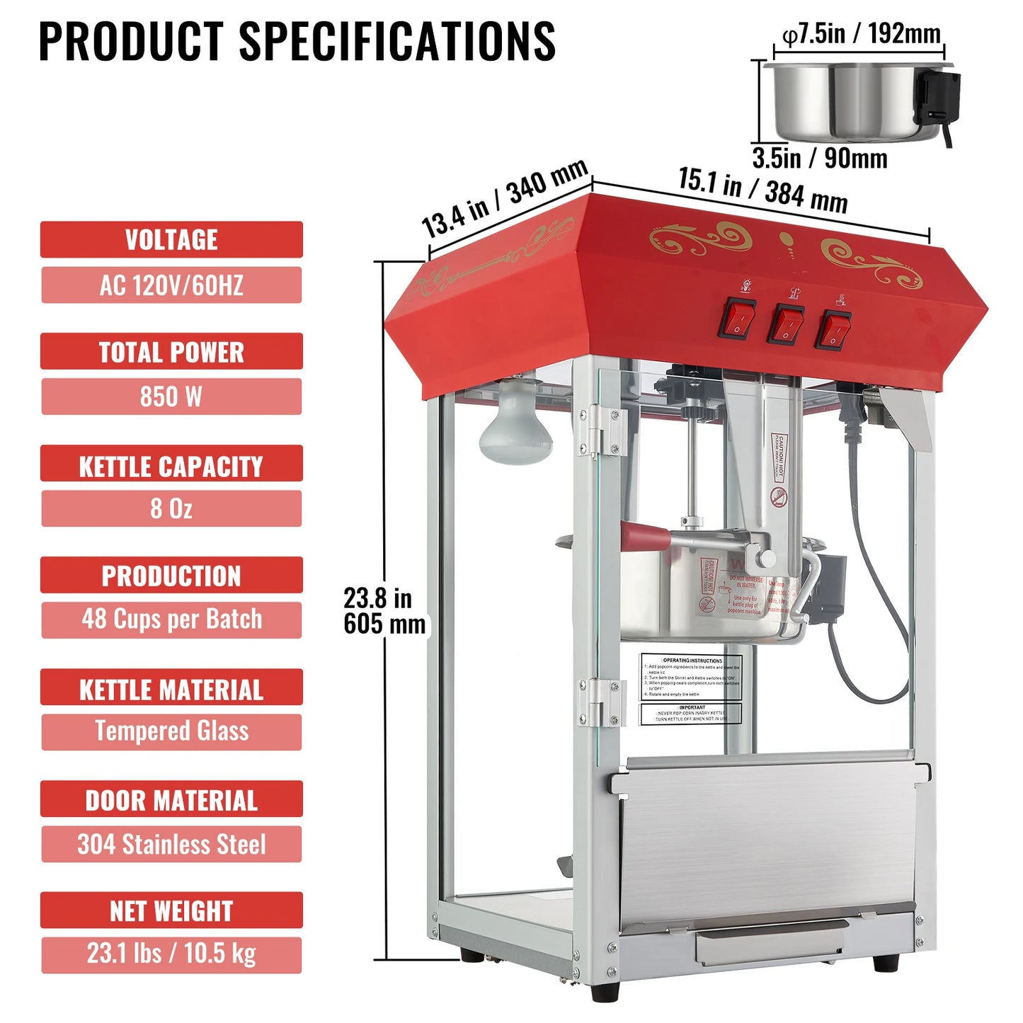 SucceBuy Popcorn Maker Popper Machine With Tempered Glass Cover 48 Cups
