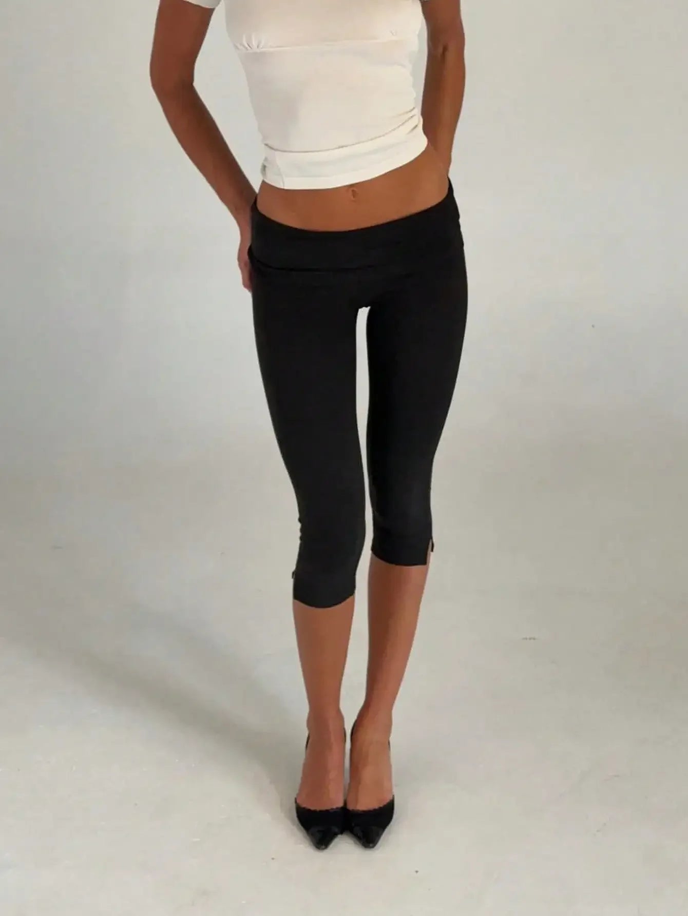 Women's Capri Leggings With Fold Over Waistband And Split Hem Buttery Soft