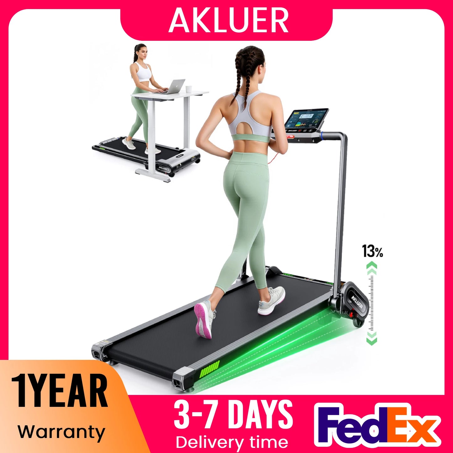 AKLUER Walking Pad Treadmill With Auto Incline And Desk Use
