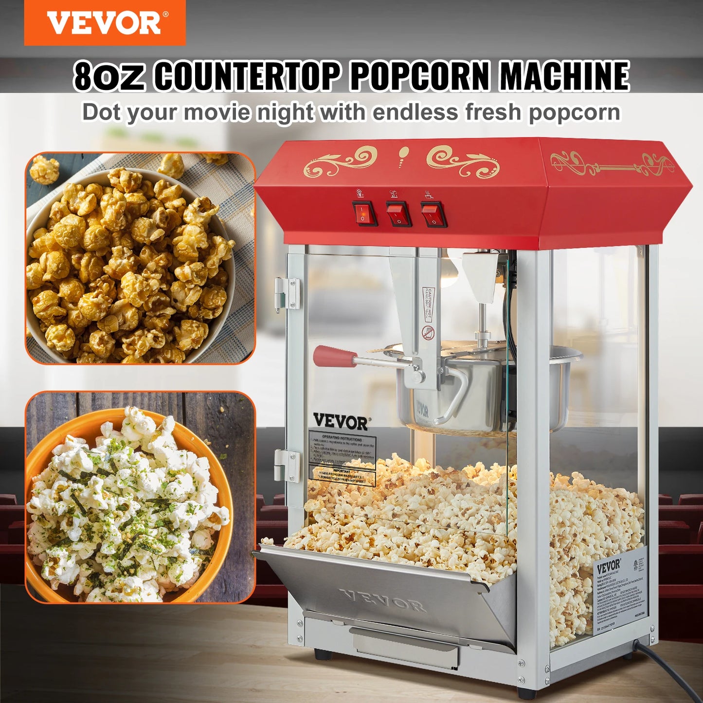 SucceBuy Popcorn Maker Popper Machine With Tempered Glass Cover 48 Cups