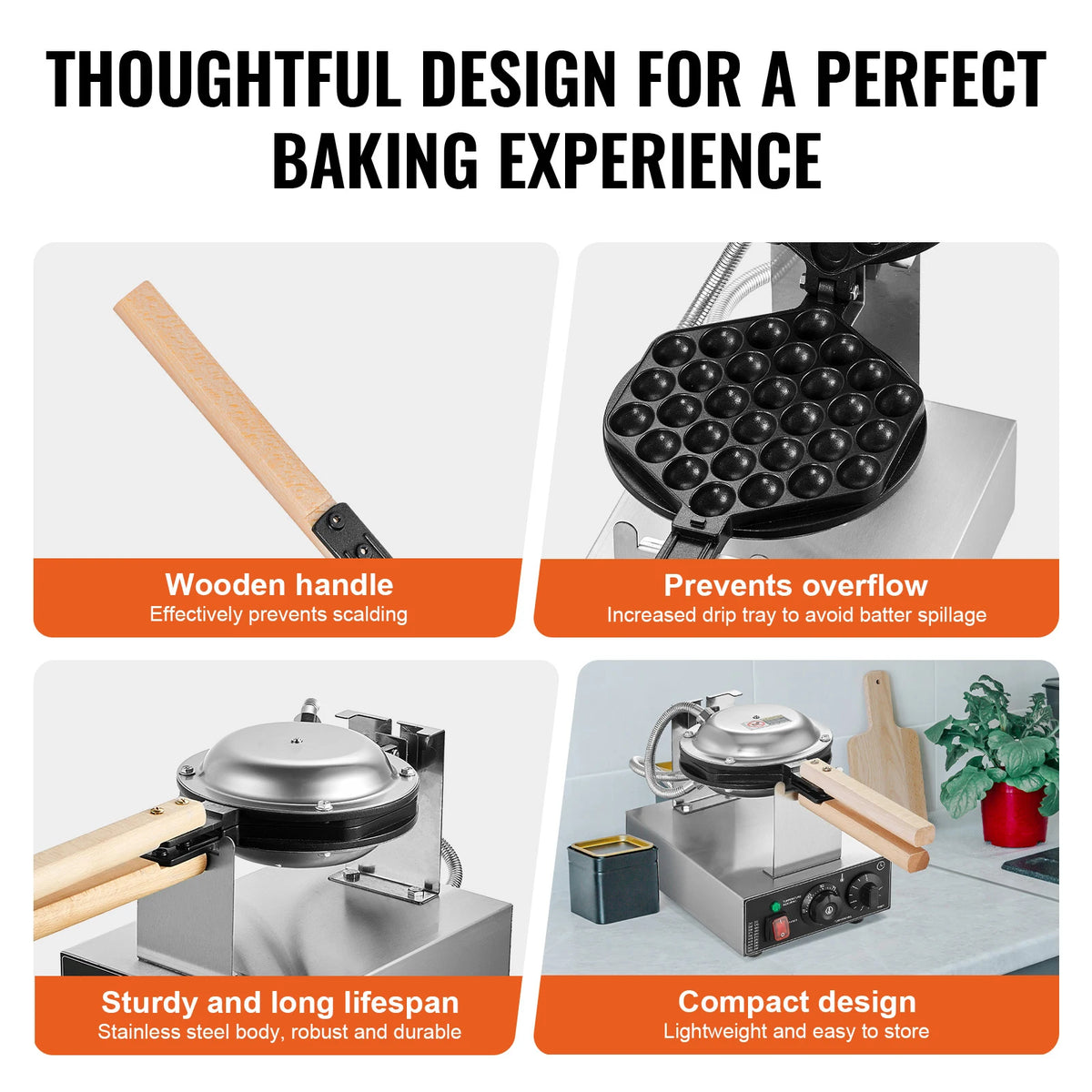 SucceBuy Commercial Egg Bubble Waffle Maker Stainless Steel Construction