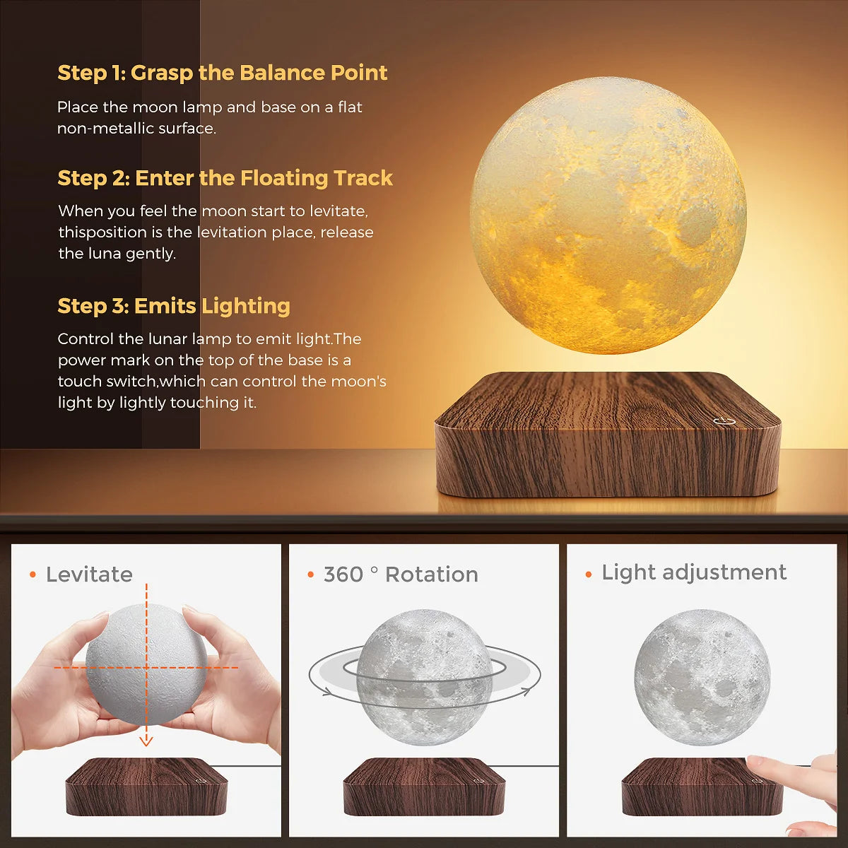 Mexllex Magnetic Floating Moon Lamp With Wooden Base 3 LED