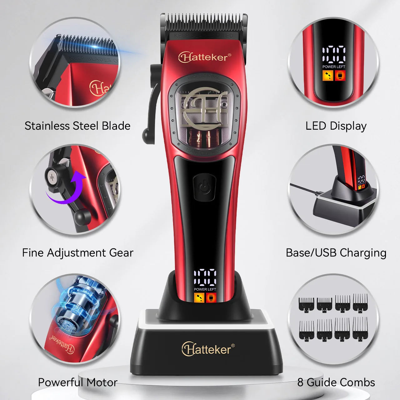 HATTEKER Professional Hair Clippers Magnetic Levitation Motor With Charging Base