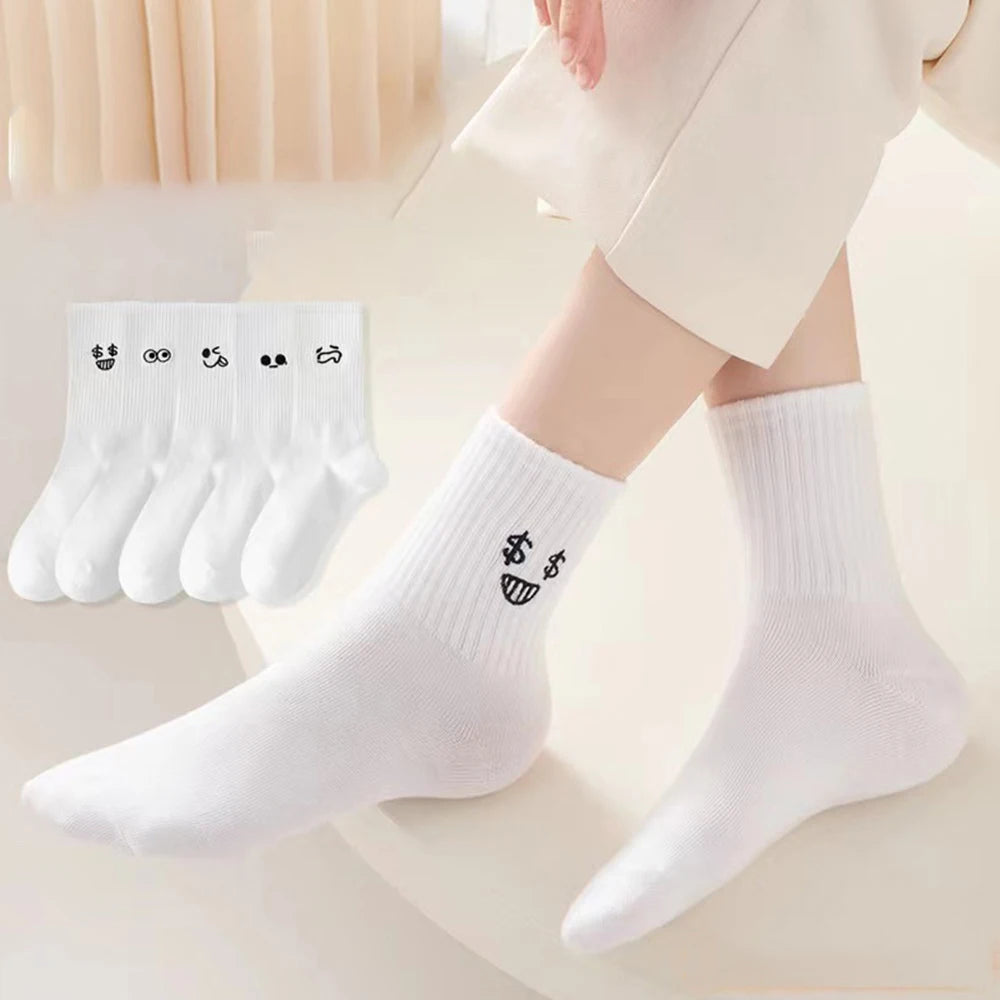 Five Pairs Emoji Socks With Cartoon Patterns For Everyday Comfort