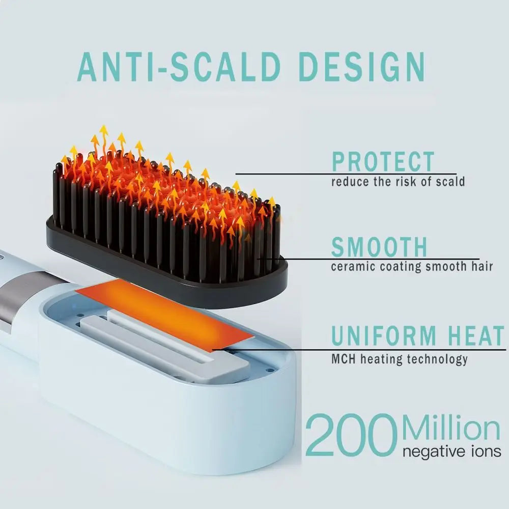 Portable Wireless Hair Straightener Comb Three Temperature Settings LCD Display