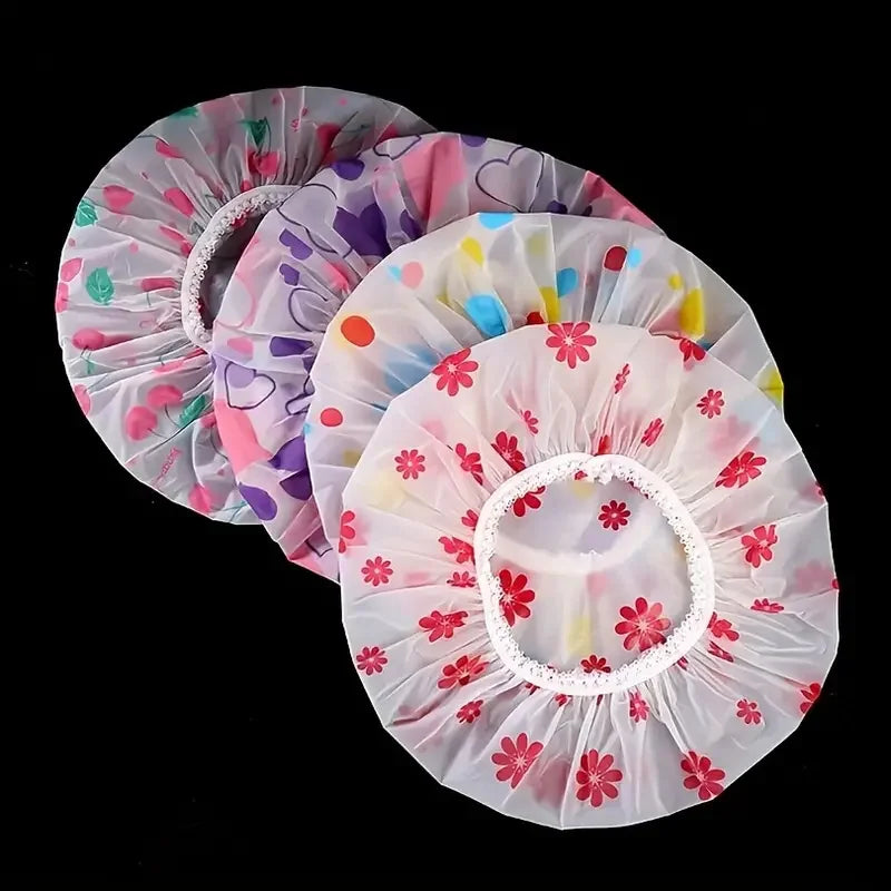 Set Of Four Adjustable Printed Shower Caps Waterproof Elastic Band