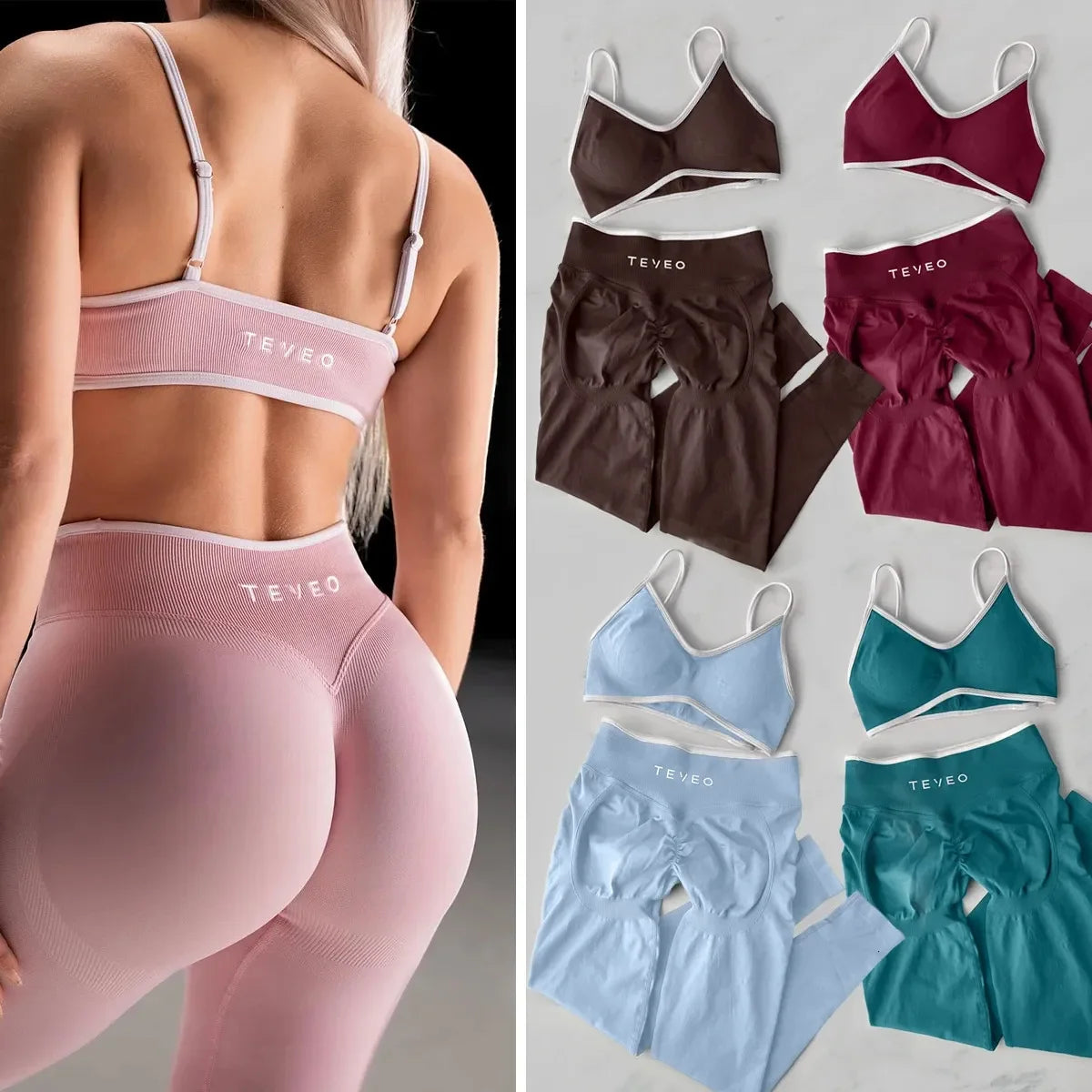 TEVEO 2 Piece Womens Seamless Gym Set Leggings Bra Yoga