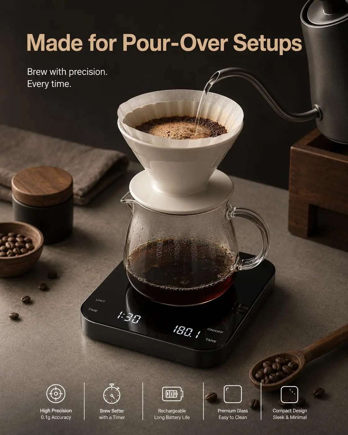 Precision Coffee Scale With Timer 3000g Capacity USB-C Rechargeable