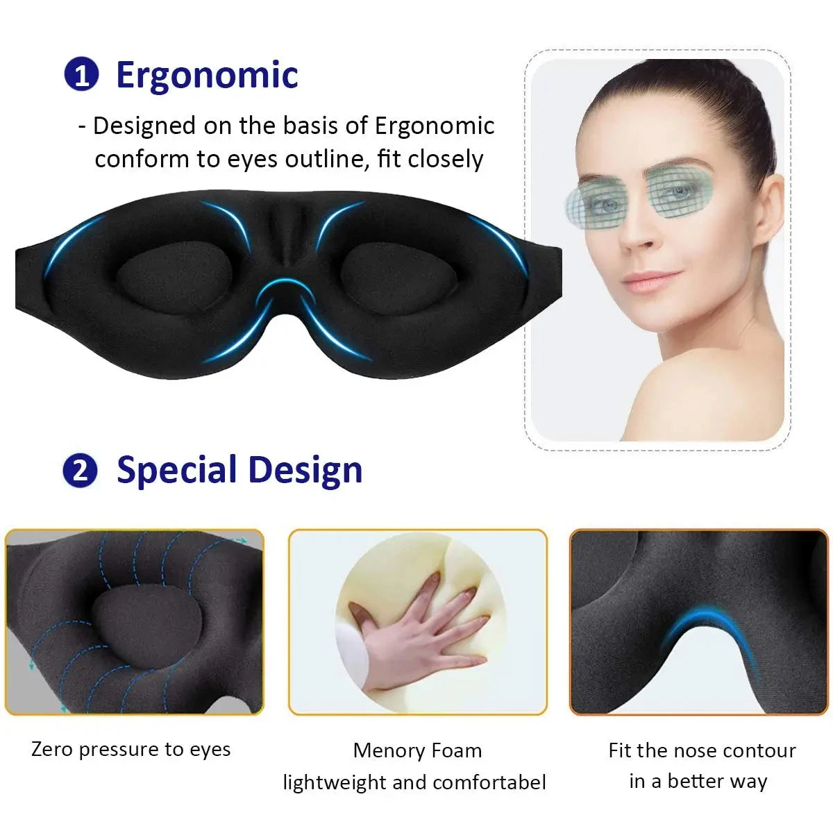 3D Contoured Eye Mask For Sleeping Light Blocking With Earplugs