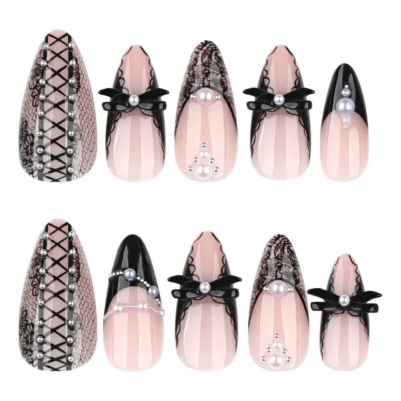 Almond Press On Nails Bat Decor Rivet Bow False Nails 24 Pcs Reusable Acrylic